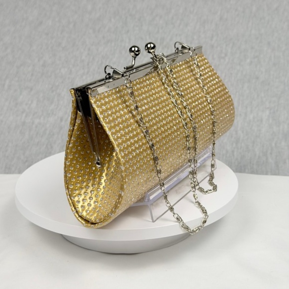 Gold Rhinestone Evening Clutch Metallic Formal Wedding Purse with Chain Strap - Picture 4 of 11